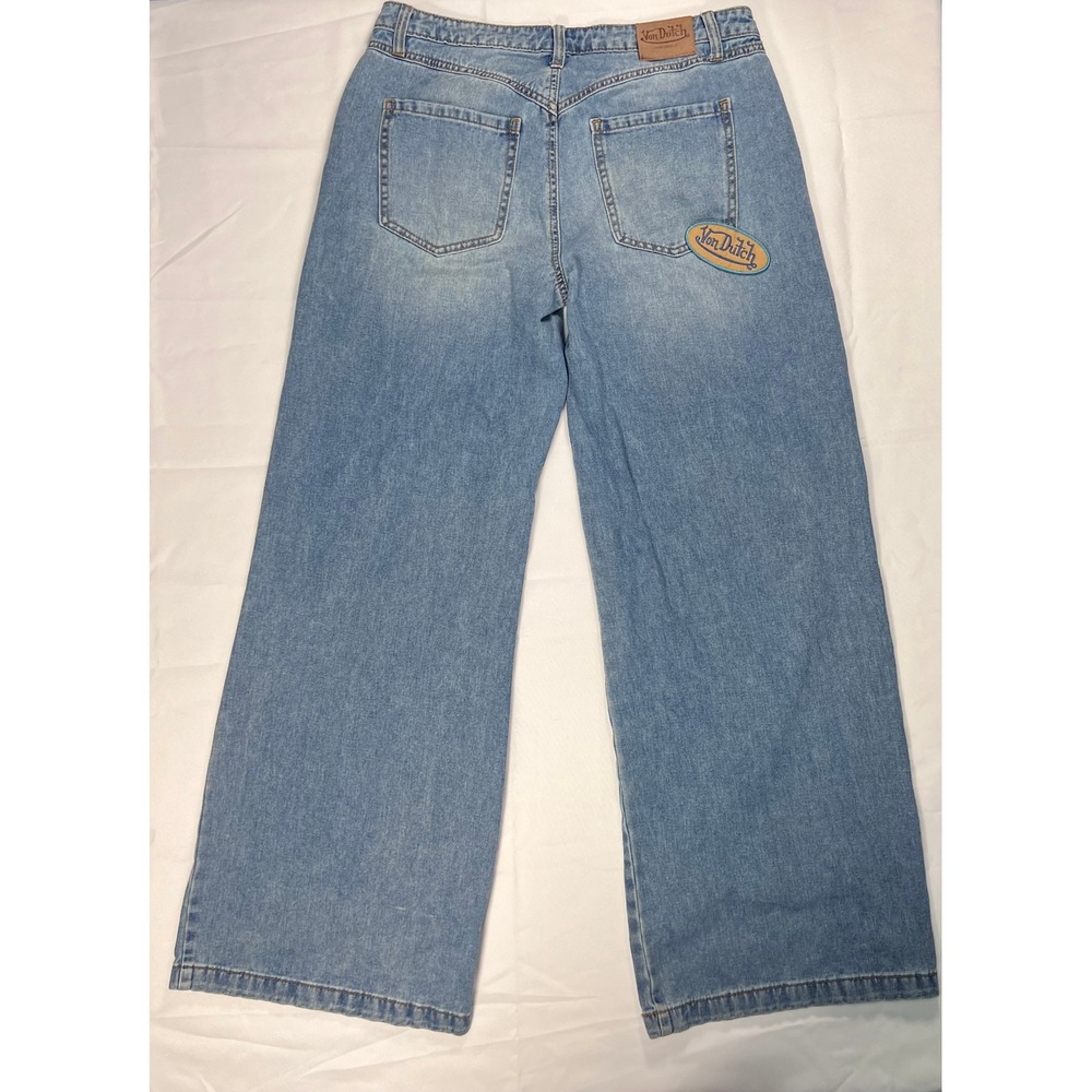 Von Dutch Wide Leg Jeans Womens 13 Blue Medium Wash Y2K Baggy Logo Patch Graphic - Picture 3 of 16